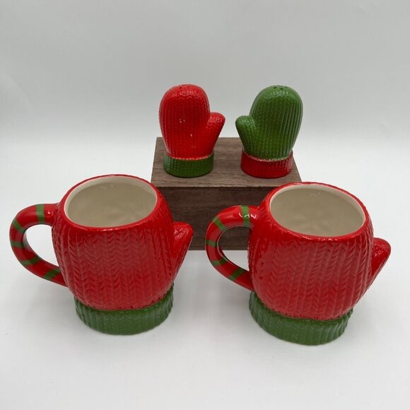 Home essentials mitten mugs cups salt and pepper set red green Holiday Winter - Picture 5 of 14